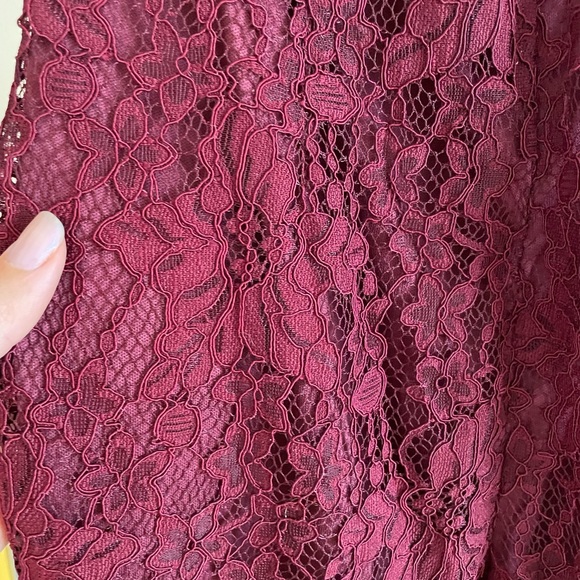 Cross Front Lace Pencil Dress with Panelled Side Wine Colour - Picture 6 of 7